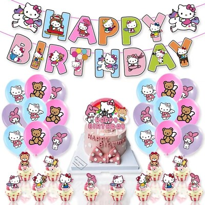 #ad #ad Hello Kitty Birthday Party Supplies Balloons Cake Top Banner Decorations Set $18.99