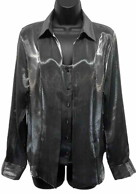 Nicola Women#x27;s Size M Button Up Long Sleeve Top Shiny Silver Collar Button Cuffs $11.99