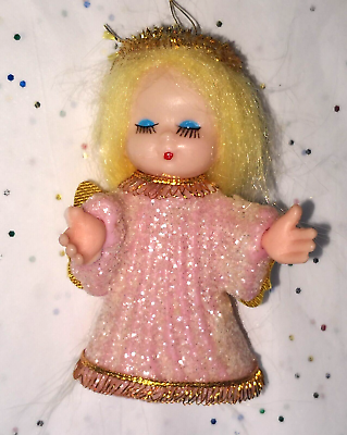 #ad Vintage Glittered Plastic Angel With Hair Tree Ornament $12.99