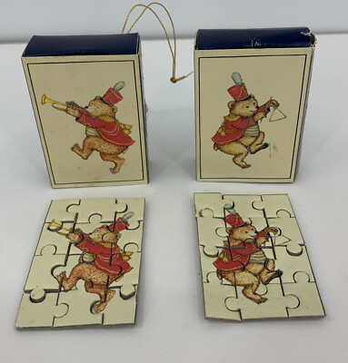 #ad Vintage Merrimack Christmas Bears 12 Pc. Mini Puzzles Lot 2 Matchbox Ornaments $11.00