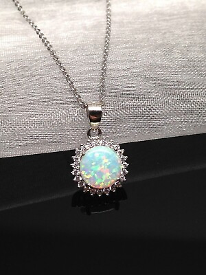 #ad 925 Sterling Silver White Opal Halo Pendant Necklace Round 10mm 0.39quot; Simulated $28.95