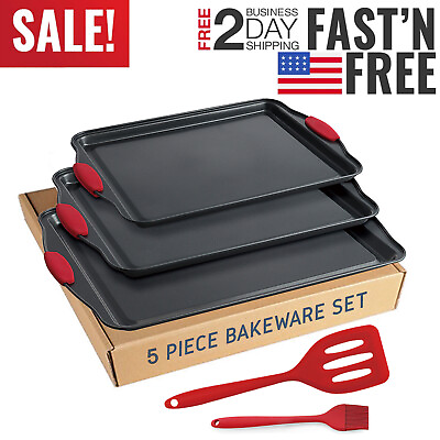 #ad 5 Pcs Baking Sheet Pan Set Nonstick Cookie Sheets Spatula and Silicon Brushes US $23.99