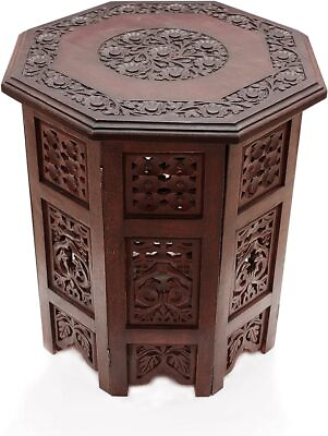#ad Solid Wood Accent End Table Hand Carved Vintage Boho Folding Side Table $66.25