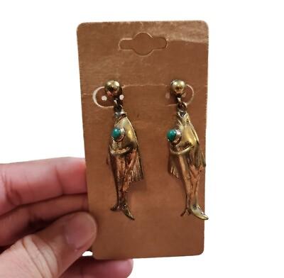 #ad Vintage Gold Toned Brass Mexico Gem Green Eyed Screwback Dangling Fish Earrings $40.00