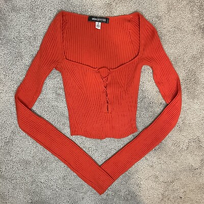 Urban Outfitters Women#x27;s Crop Red Ribbed Lace Up Long Sleeve Se S $11.98