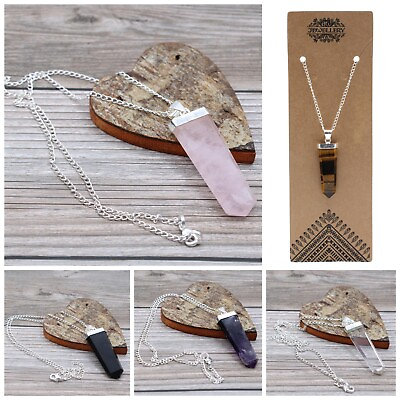 #ad Gemstone Flat Pencil Point Pendant amp; Chain Silver Plated Necklace Shaped GBP 15.46