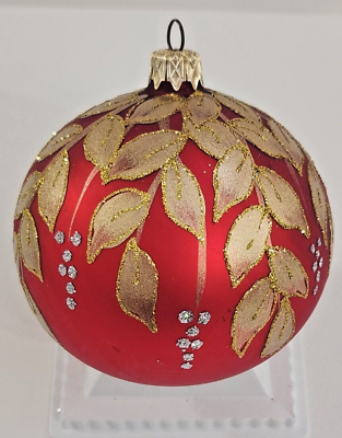 #ad 4quot; Red Glass Ball Ornament Bulb Gold Vine Leaves Hanging Christmas Decoration $27.99