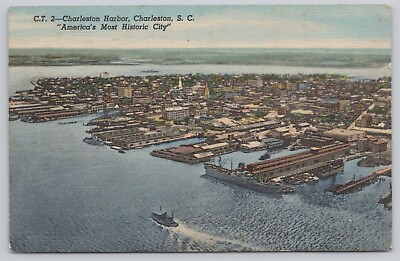 Charleston Harbor Historic City South Carolina Vintage Linen Postcard Aerial $7.77