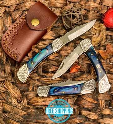 #ad Custom Handmade Damascus Steel Pocket Knife Folding Blade W Wood Blue Handle 7quot; $19.99