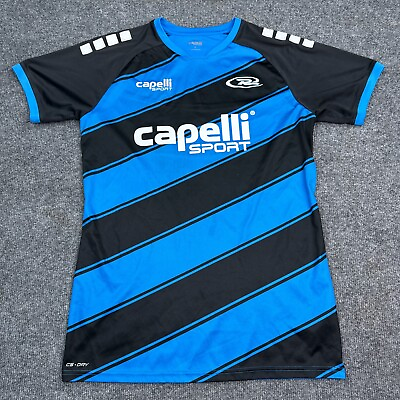 #ad Capelli Sport Soccer Jersey Mens Size Small Black Blue Striped Big Logo Athletic $15.99