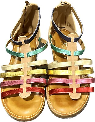 #ad Copper Key Leather Girls Childrens Flat Multicolor Rainbow Sandal Zip Backs Sz 3 $16.00
