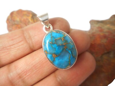 Oval Copper Blue Turquoise Sterling Silver 925 Gemstone Pendant $24.99