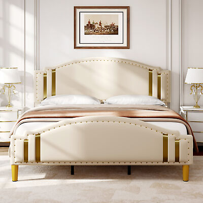 #ad Full Queen King Size Upholstered Bed Frame with Adjustable Headboard Wooden Slat $140.99