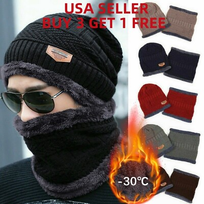 #ad Mens Womens Winter Beanie Hat Scarf Set Warm Knit Hat Thick Fleece Lined Cap $8.99