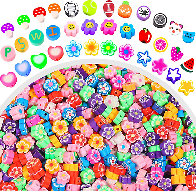 #ad 200 Pcs Flower Clay Beads Charms for Bracelet Making Kit Cute Flat Polymer Heis $12.24