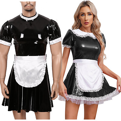 #ad US Mens Women Wetlook Leather French Maid Fancy Costume Cosplay Uniform Outfits $19.89