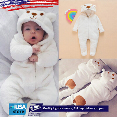 #ad Newborn Baby Romper Jumpsuit Boy Girl Kids Bear Hooded Bodysuit Winter Clothes $15.29