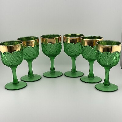 Heisey EAPG Emerald Fancy Loop Wine Glasses Goblets Gilt Rim Uranium UV Set of 6 $200.00