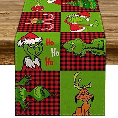 #ad Merry Grinchmas Table Runner Buffalo Plaid Xmas Winter Holiday Party Fireplace K $10.19