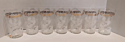 #ad Vintage Federal Glass White Thistle w Gold Vine Trim Tumblers Set of 7 $18.00