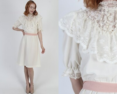 #ad Vtg 70s Victorian Tuxedo Dress Edwardian Ruffle Lace Bridal Wedding Cream Gown $62.70