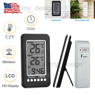 #ad LCD Digital Thermometer Clock Indoor Outdoor Wireless Temperature Meter Gauge $9.99