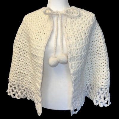 #ad Vintage White Handmade Crochet Shawl w Neck Tie Baubles $34.99
