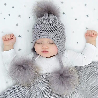 #ad Winter Baby Beanie Children Earflap Cap Wool Hat Natural Real Fur Pom Pom Hat $25.99