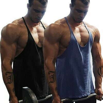 #ad Shirt Tank Gym Bodybuilding Workout Y Fitness Solid Men Muscle Top Back String * $12.06