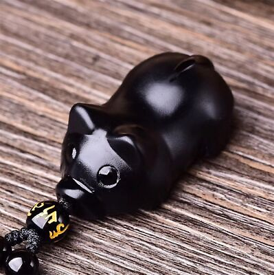 #ad Natural Crystal Black Obsidian Pig Necklace Pendant Bead with Adjustable Chain $19.99