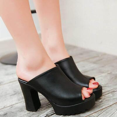 #ad Womens Block High Heels Peep Toe Slippers Platform Slip On Sandals Shoes pumps $29.04