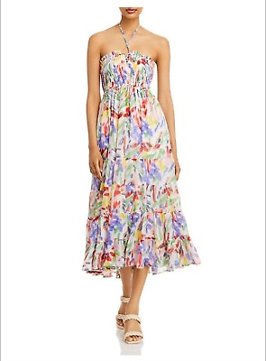 #ad Aqua Womens Brushstroke Floral Midi Dress Sz L Smocked Halter Elasticized Bodice $67.80