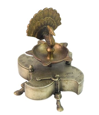 Peacock Figure Oil Lamp Diya Rare Old On Top Of Holy Brass Vermilion Box G53 907 $74.00