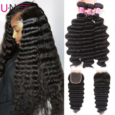 #ad UNice Indian Loose Deep WaveBundles with Lace Closure Human Hair Extensions Weft $171.00