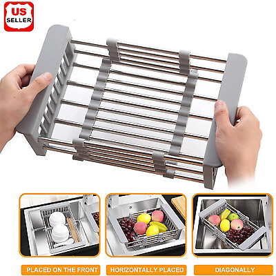 #ad Adjustable Stainless Steel Kitchen Dish Drying Sink Rack Drain Strainer Basket $9.98