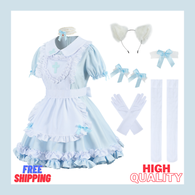 #ad Blue French Maid Outfit Crucifix Lace Apron Lolita Cosplay Furry Cat Ear Costume $44.50