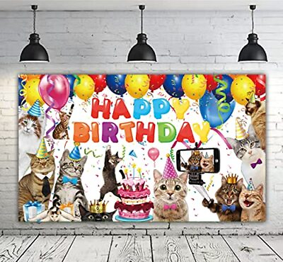 #ad 6 X 3.6ft Cat Happy Birthday Backdrop Cat Birthday Sign Banner Kitties Birthd... $18.98