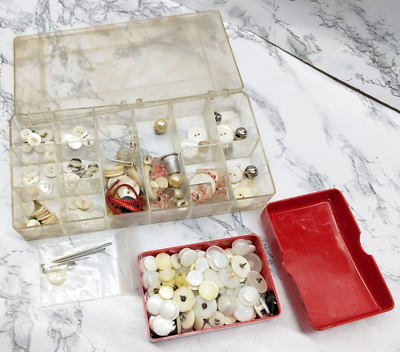 #ad Vintage Buttons Lot Of Assorted Pearlescent White Etc And Containers $12.71