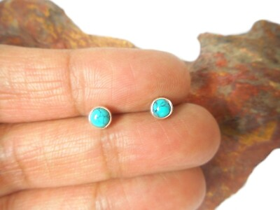 Small Round Blue TURQUOISE Sterling Silver 925 Gemstone Stud Earrings 4 mm $19.99