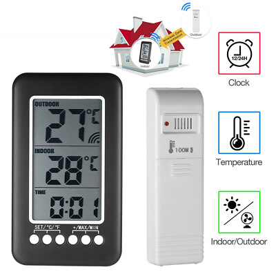 #ad Digital Thermometer Clock Temperature Wireless Transmitter Meter Indoor Outdoor $9.99