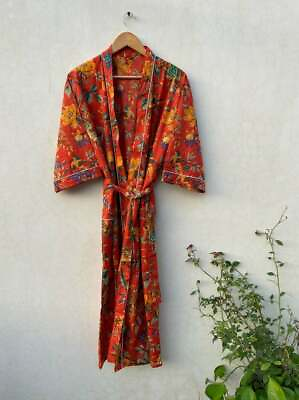 #ad Indian Bird Printed Cotton Kimono Maxi Dress Hippie Boho Gown Bathrobe free Size $15.99