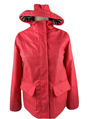 #ad TOMMY HILFIGER Hooded Short Rain Jacket Hot Neon Pink Women#x27;s L 12 14 $15.00