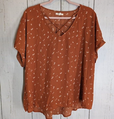 #ad Maurices Size XXL Womens Brown Leafy Crisscross Front Short Sleeve Blouse $9.99