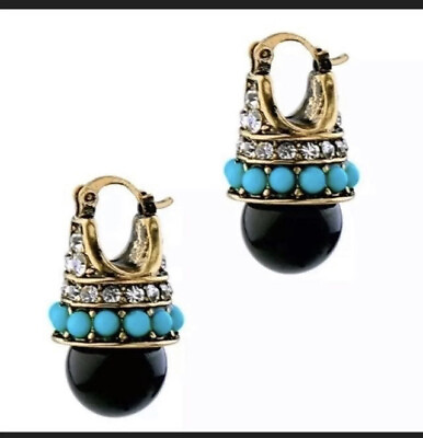 Retro Nouveau Deco Design Black Onyx Drop Dangle Gold Turquoise Earrings $19.50