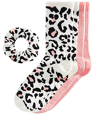 Womens Crew Sock and Scrunchie Set Leopard Print 2 Pair JENNI $16.99 NWT $3.99