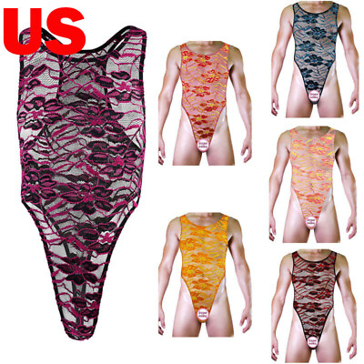 #ad US Mens Lace Bodysuit High Cut Leotard Sleeveless Lingerie Racerback Undershirts $7.43
