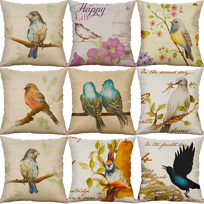 #ad 18quot; Bird Print Cotton linen Pillow Case Sofa Waist Cushion Cover Home Decor $3.99