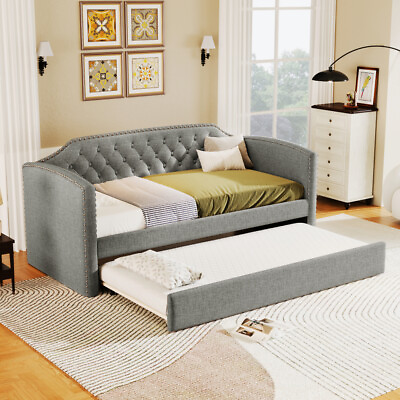 #ad Twin Size Daybed amp; Trundle Upholstered Tufted Sofa Bed Furniture Living Room US $419.99