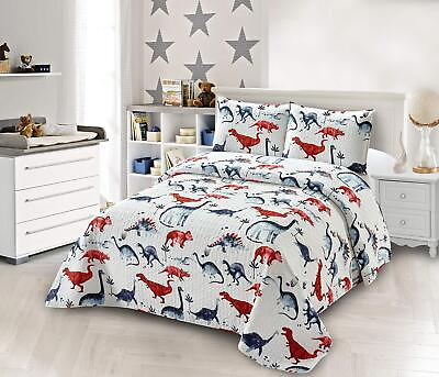 #ad Collection Bedspread Coverlet Kids Teens Dinosaur Rhino Ancient White Blue Re... $45.22