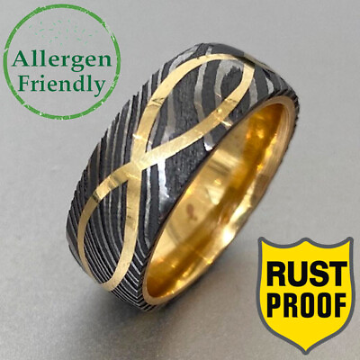 #ad Custom Golden Infinity Inlay Damascus Steel Ring Mens Brass Sleeve Band For Him $89.00